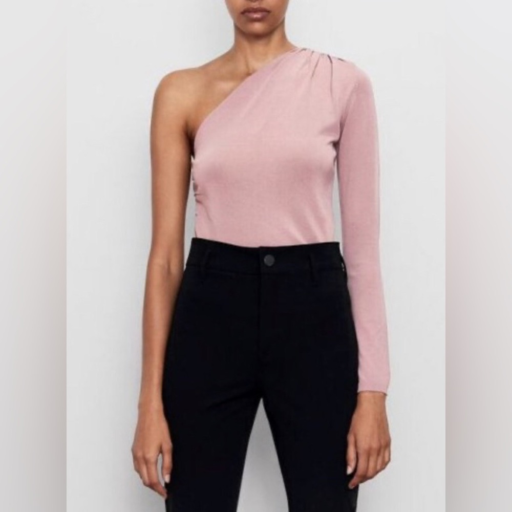ZARA One Shoulder Knit Top Pink Mauve Asymmetrical Long Sleeve Stretch Top M